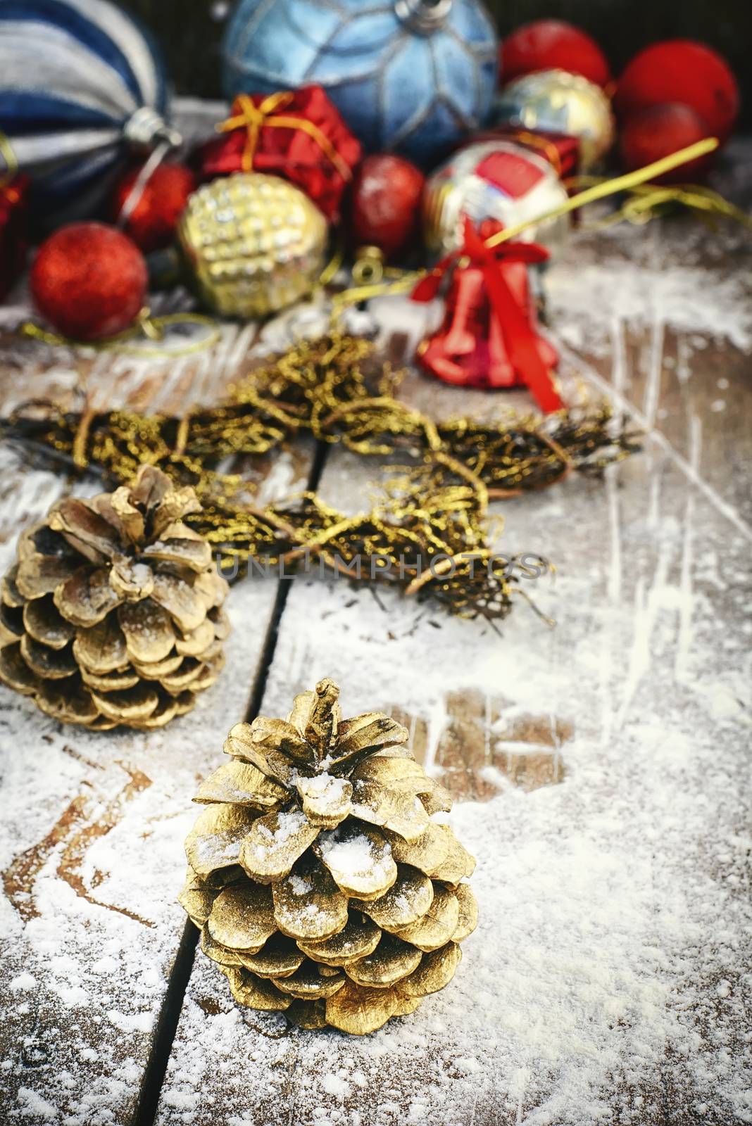 Christmas composition with pine cones and ornaments