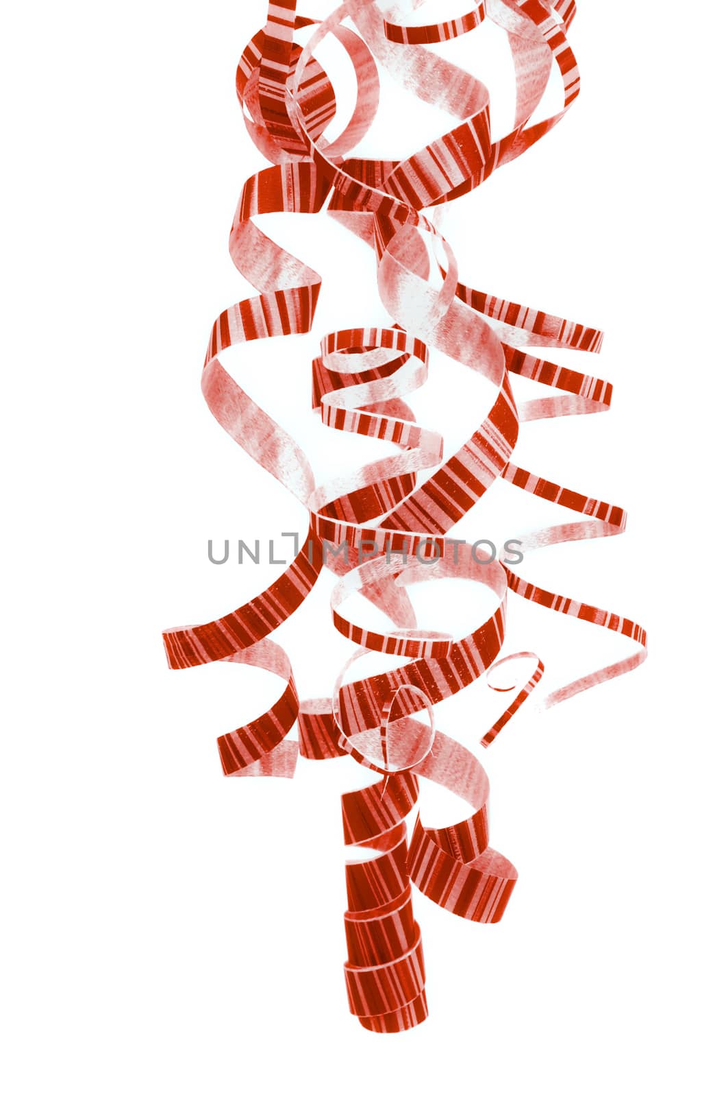 Arrangement of Red Striped Curled Up Hanging Party Streamers isolated on White background