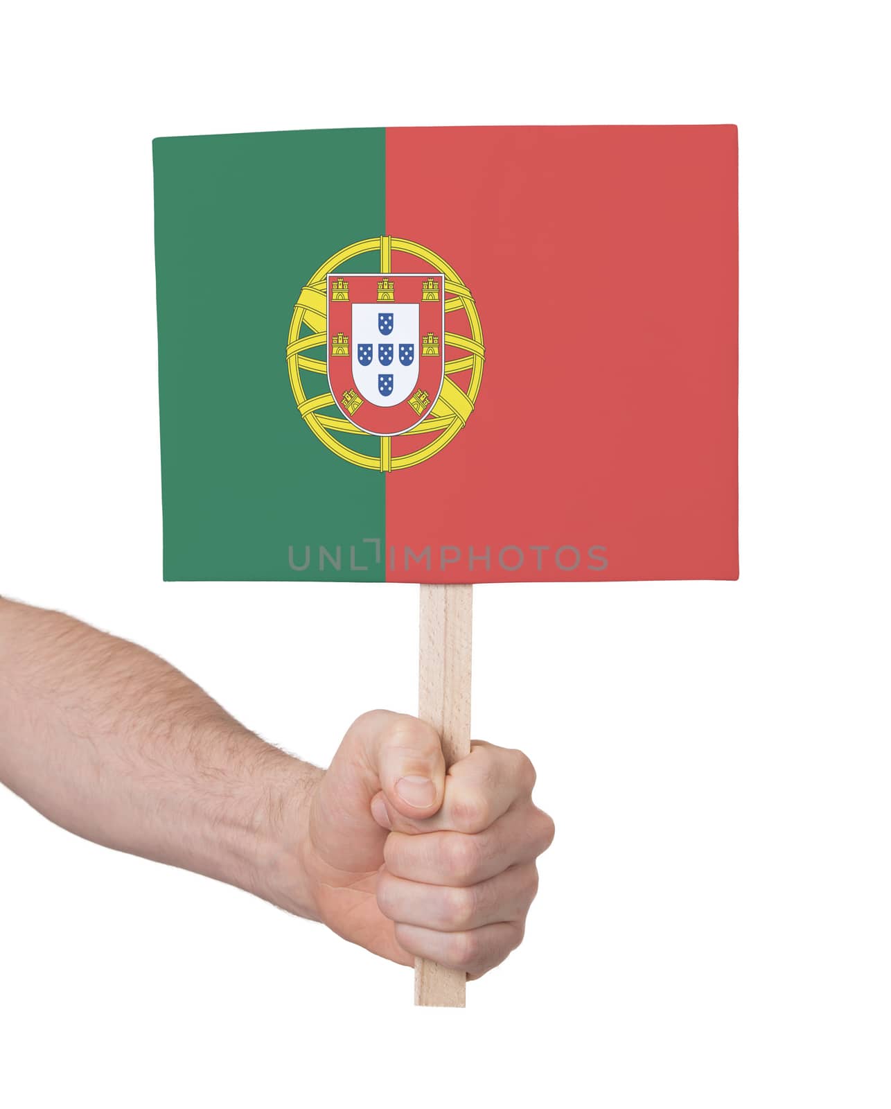 Hand holding small card - Flag of Portugal by michaklootwijk