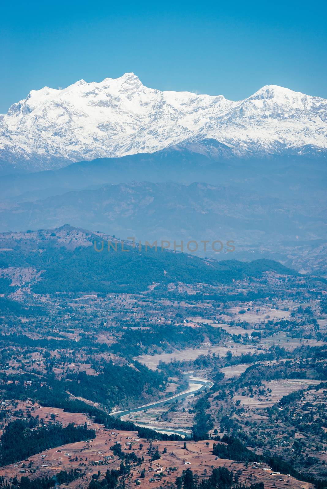 View on the Himalayas from Bandipur in Nepal. Film emulation filter applied.