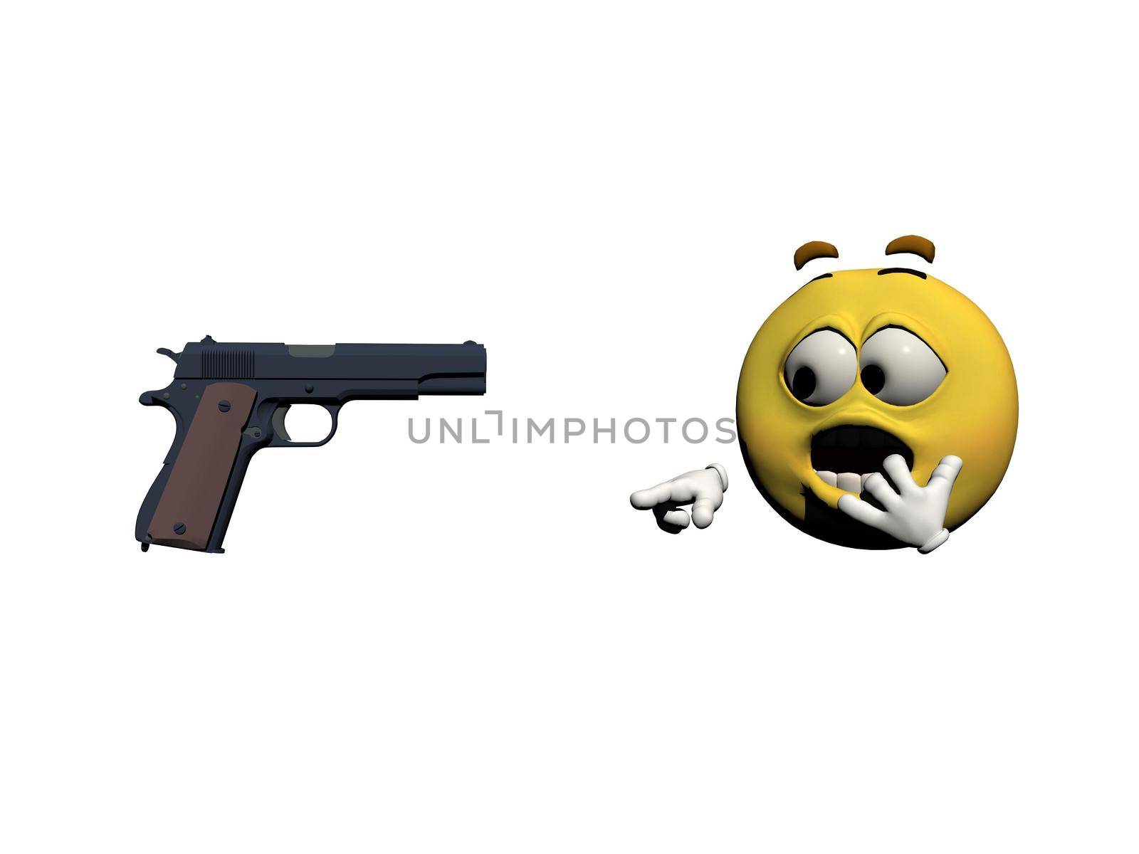 emoticon fear yellow and gun isolated in white background