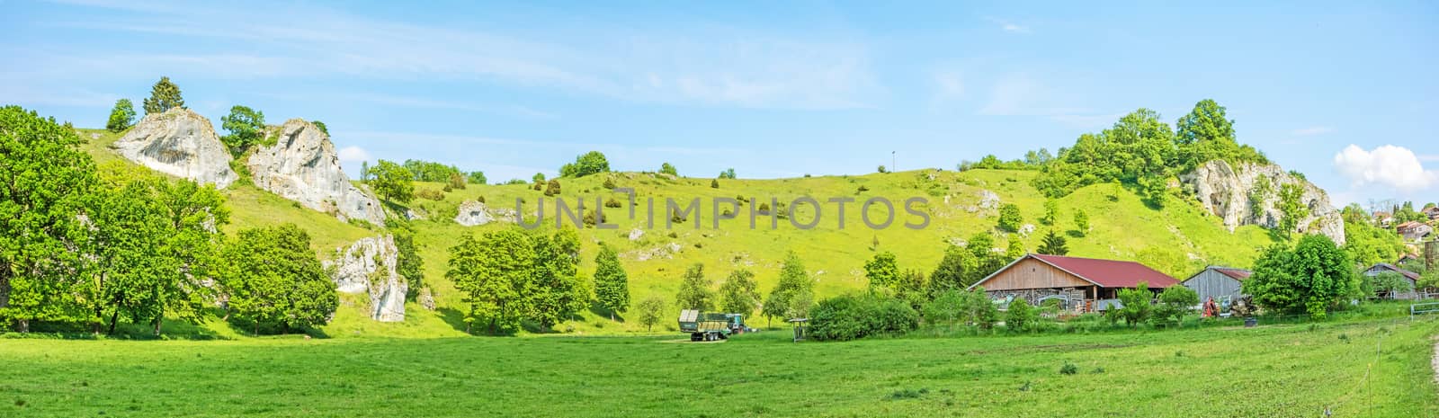 Rural panorama - farm at the impressive rocks of valley Eselsburger Tal near river Brenz - jewel of the swabian alps, meadow in front