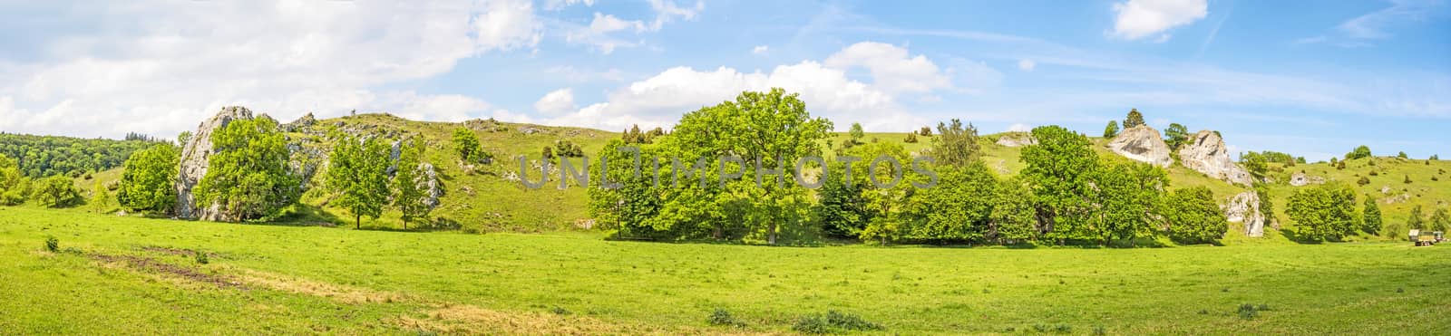 Valley Eselsburger Tal panorama - impressive rocks near river Brenz - jewel of the swabian alps