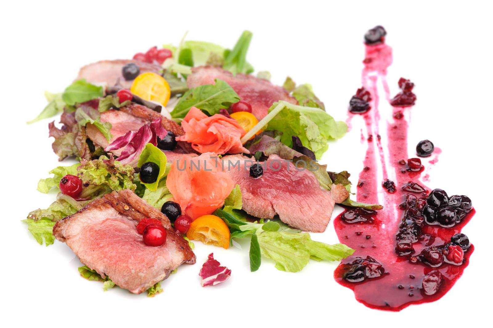 Grilled veal, pork or beef meat with cranberry and blackcurrant sauce, pink pickled ginger and fresh vegetable salad