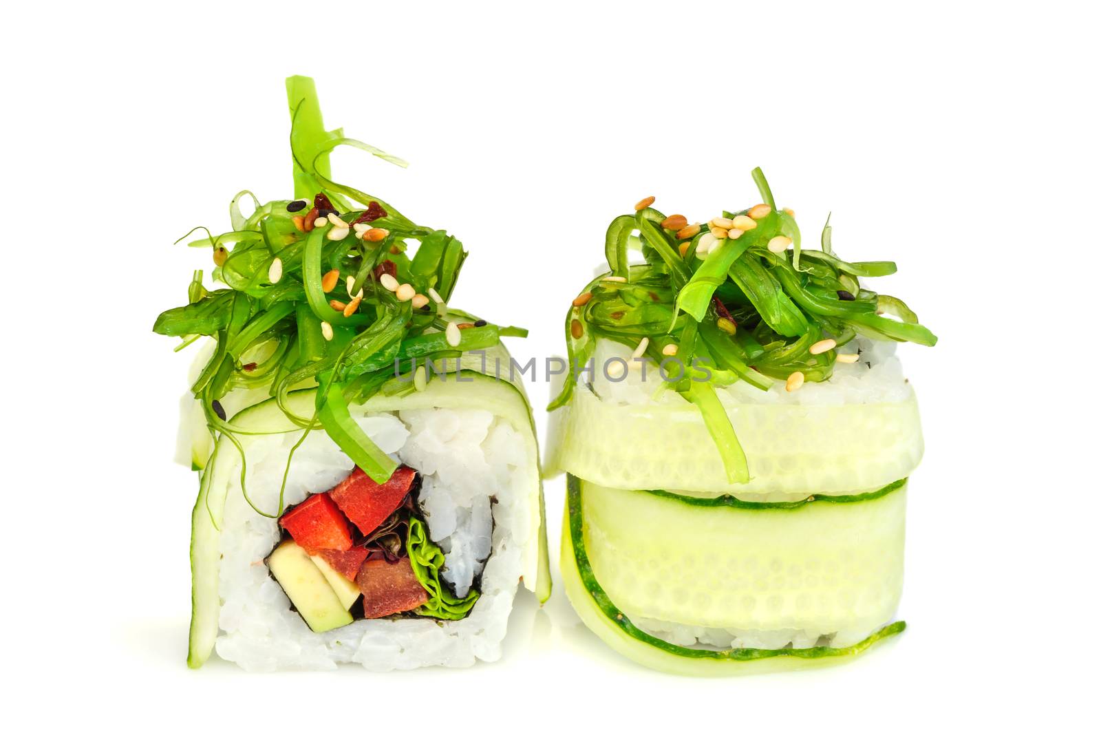 Uramaki maki sushi, two rolls isolated on white. Philadelphia cheese, cucumber, tuna, bell pepper, avocado and sesame. Chuka seaweed with sesame on top.