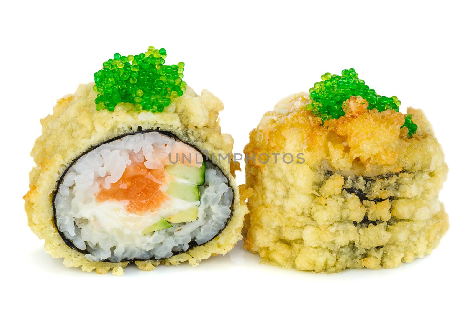 Tempura hot fried sushi maki with salmon, avocado, cucumber and cream cheese, topped with green tobiko, isolated on white background