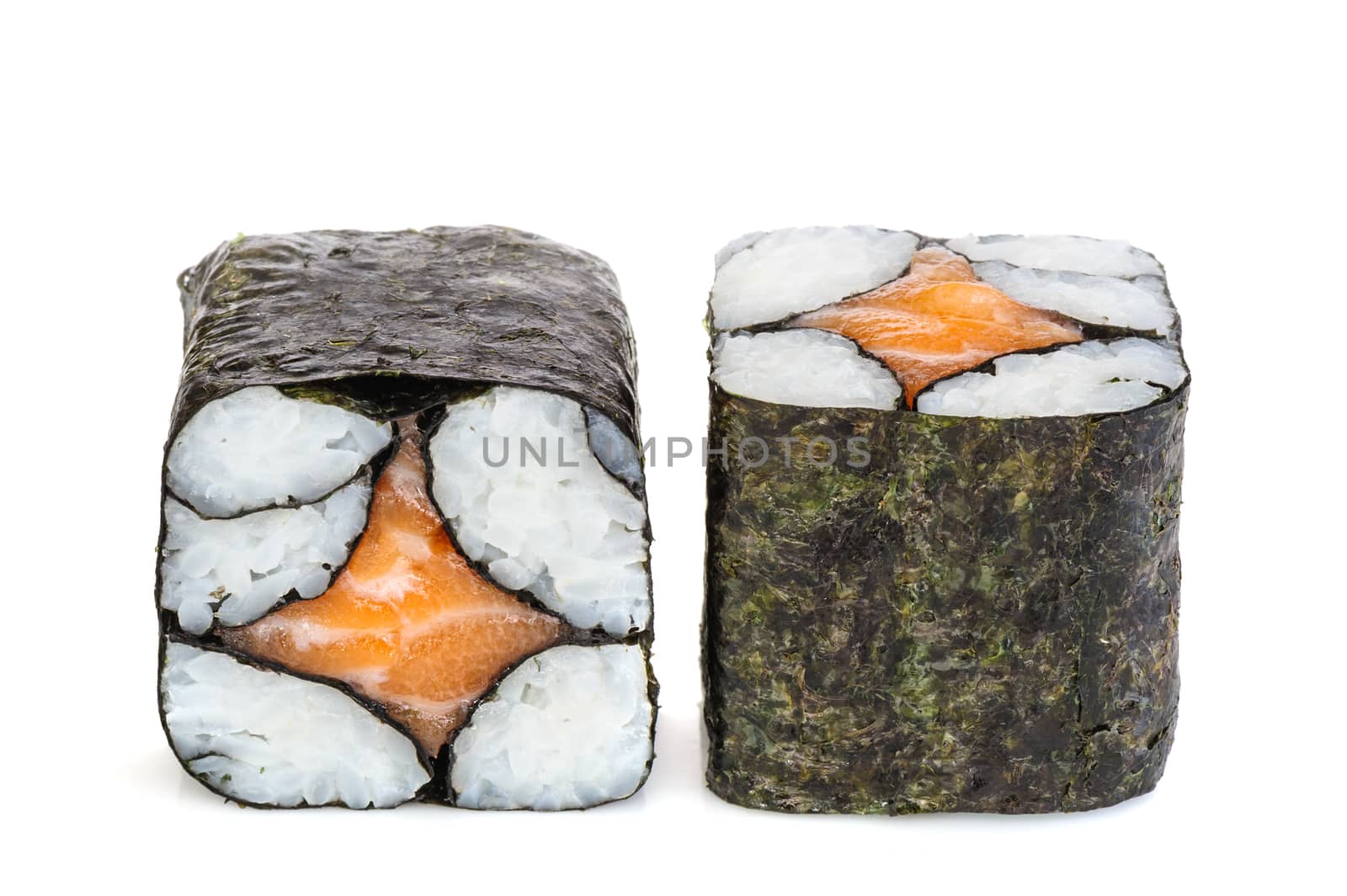 Simple maki sake sushi, two rolls isolated on white. Just rice, nori and salmon in center romb star shaped.