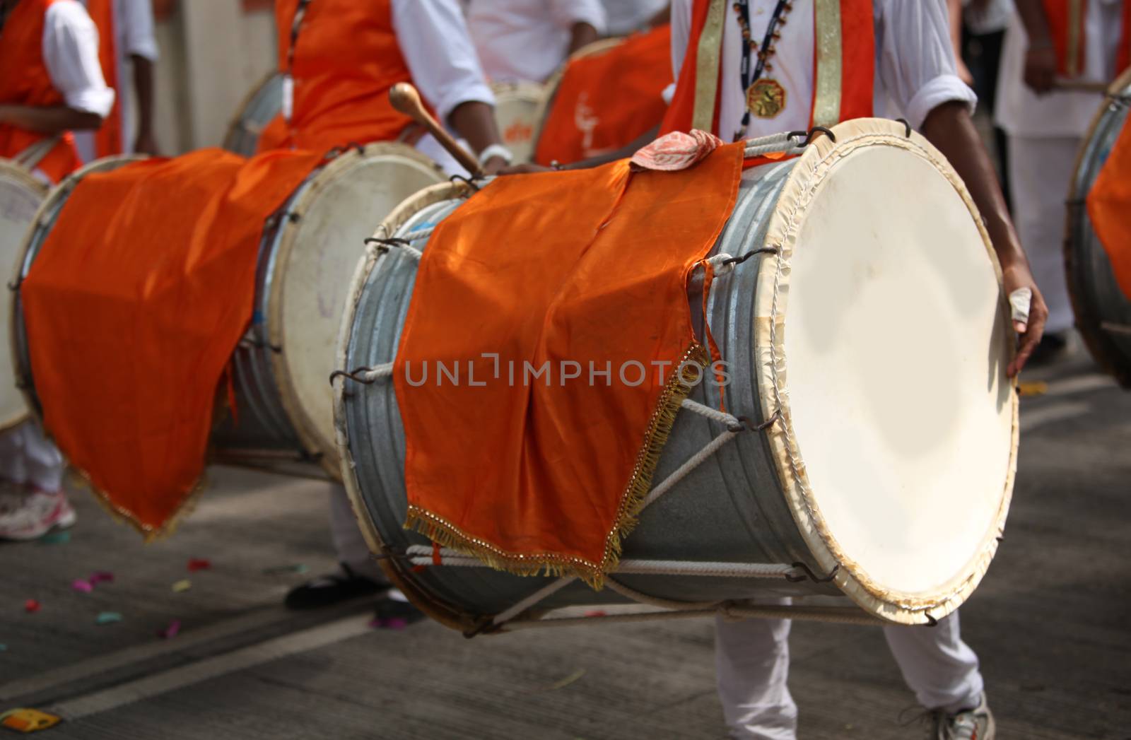 Traditional percussion instruments called drums used in a Ganesh festival procession like it has been for many years.