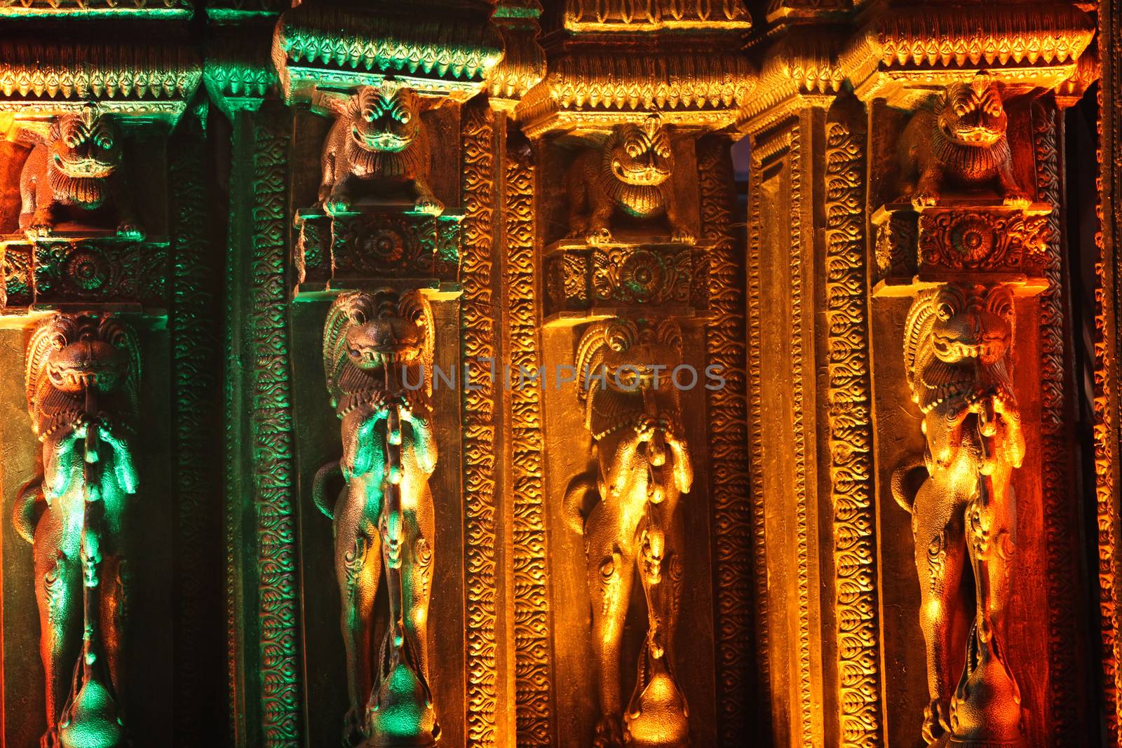 Ancient sculptures made of plaster of paris for decoration of a temple during a traditional festival in India.