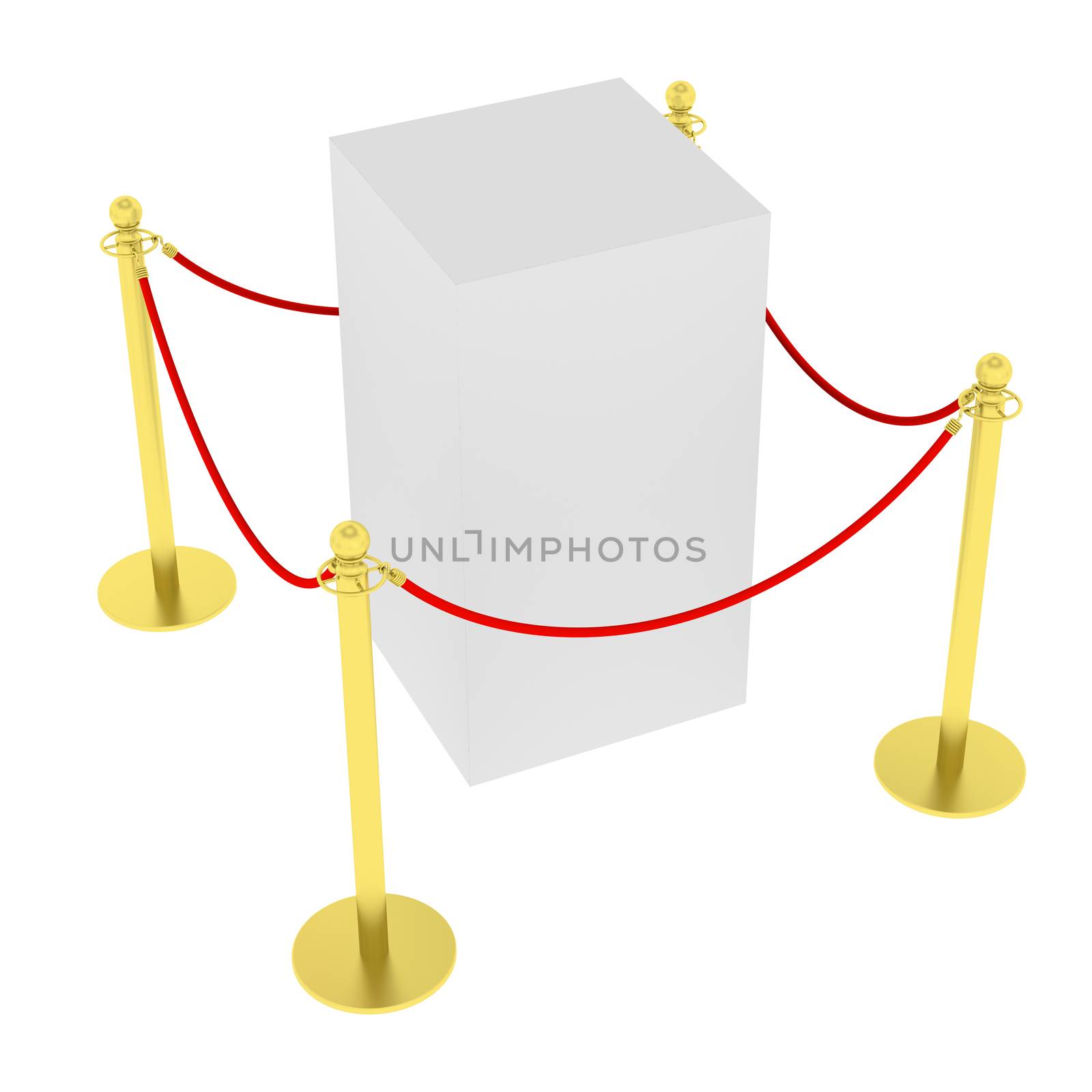 Empty showcase with tiled stand barriers for exhibit. Isolated on white background. 3D illustration