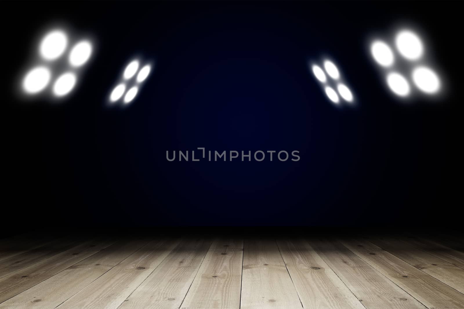 Light in dark room with wooden floor. Copy space for your products