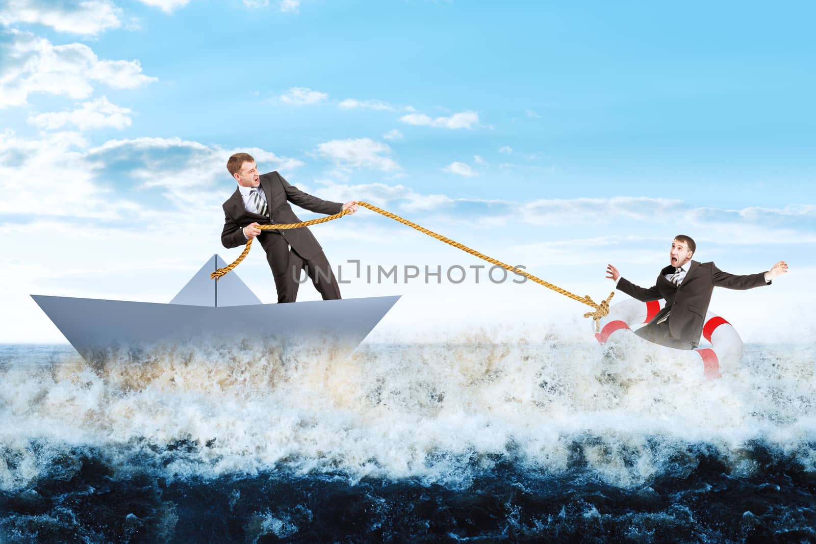 Businessman in paperboat save scared man by cherezoff