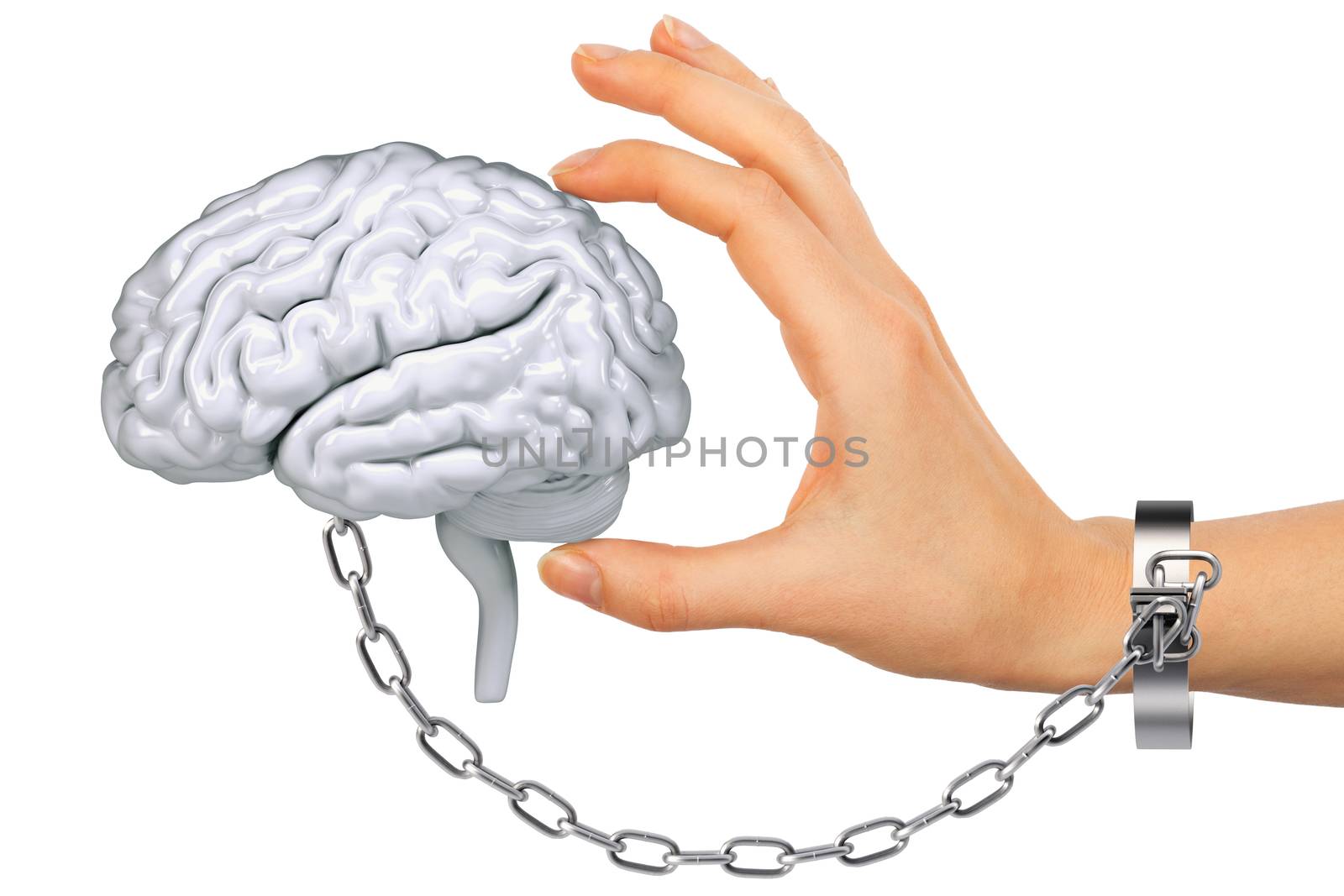 Chained hand holding human brain isolated on white background