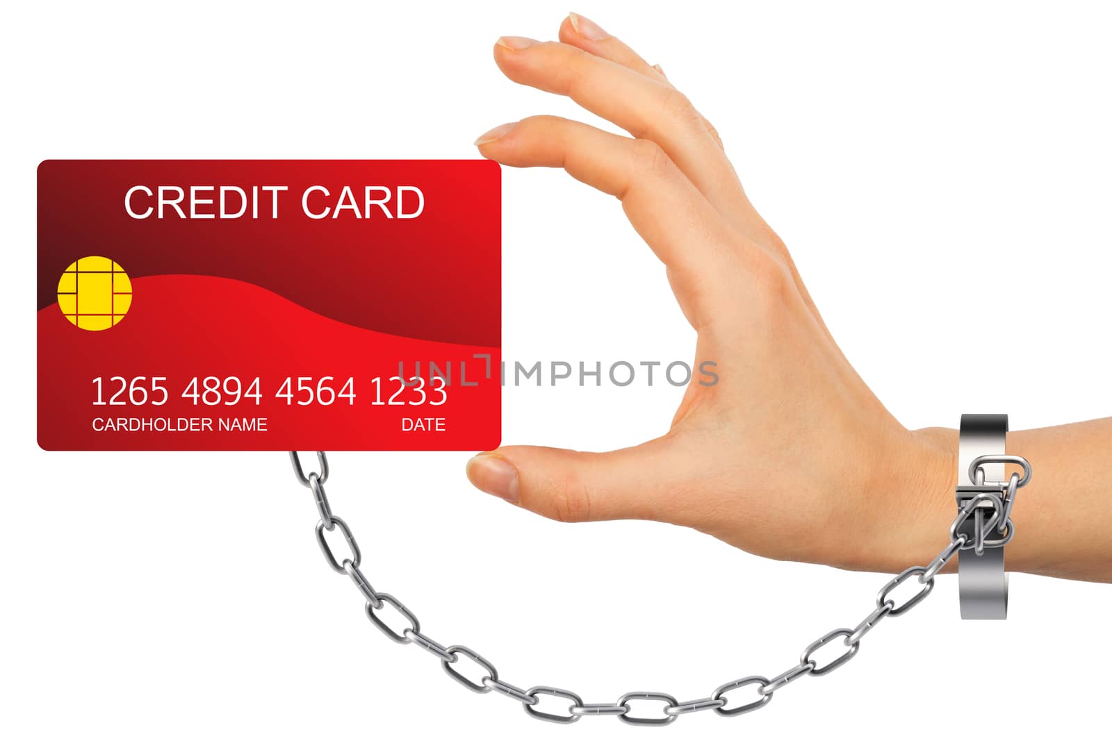Closeup of red credit card holded by chained hand by cherezoff