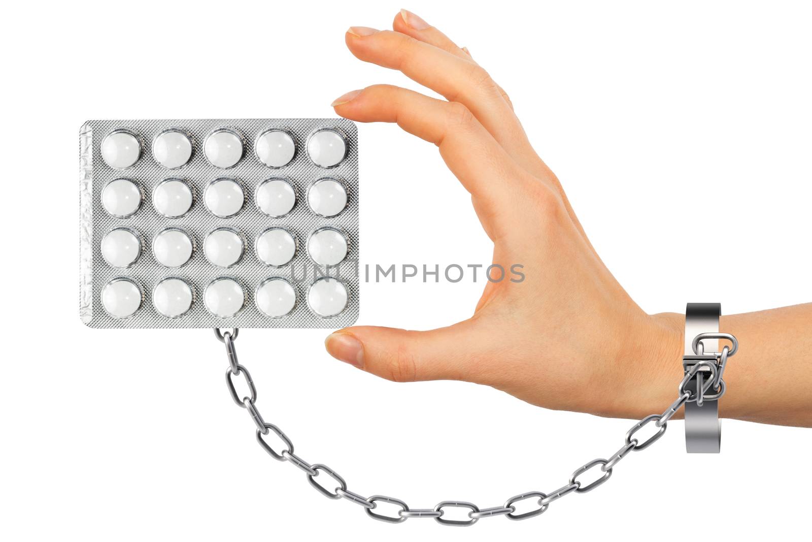 Chained hand with pills isolated on white background