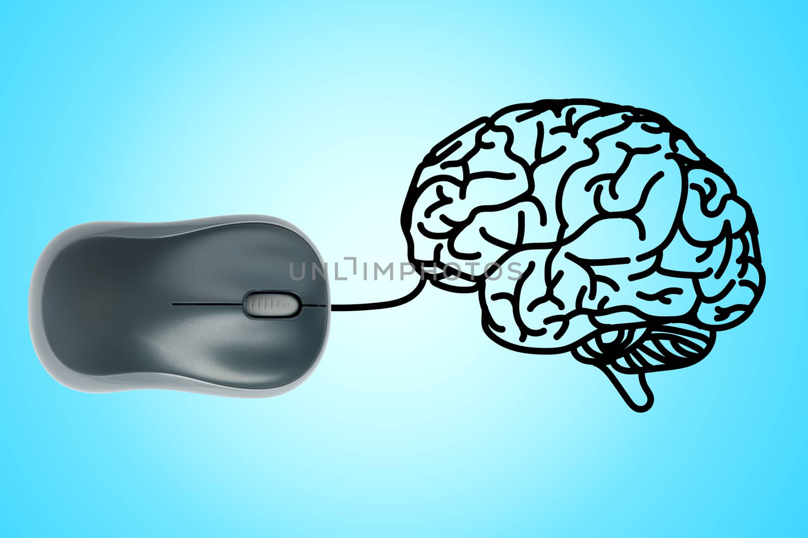 Computer mouse wire in to human brain on blue