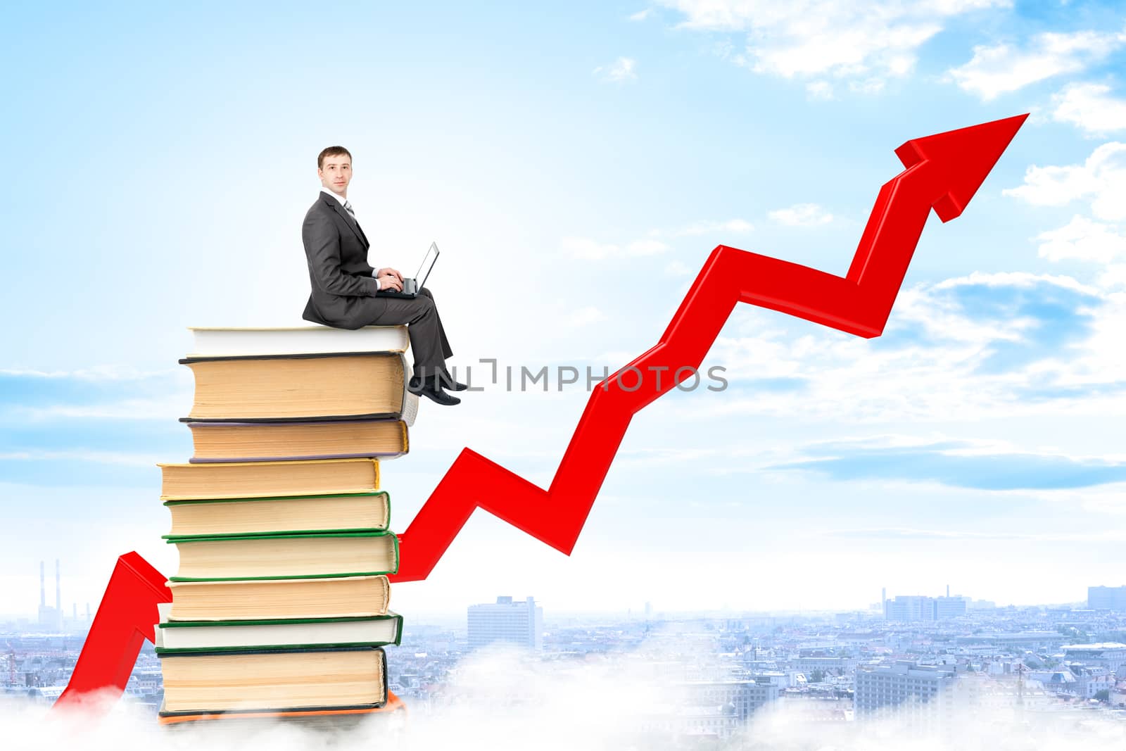 Man sitting on pile of books reading, graphs and charts behind. Blue sky and city at background.