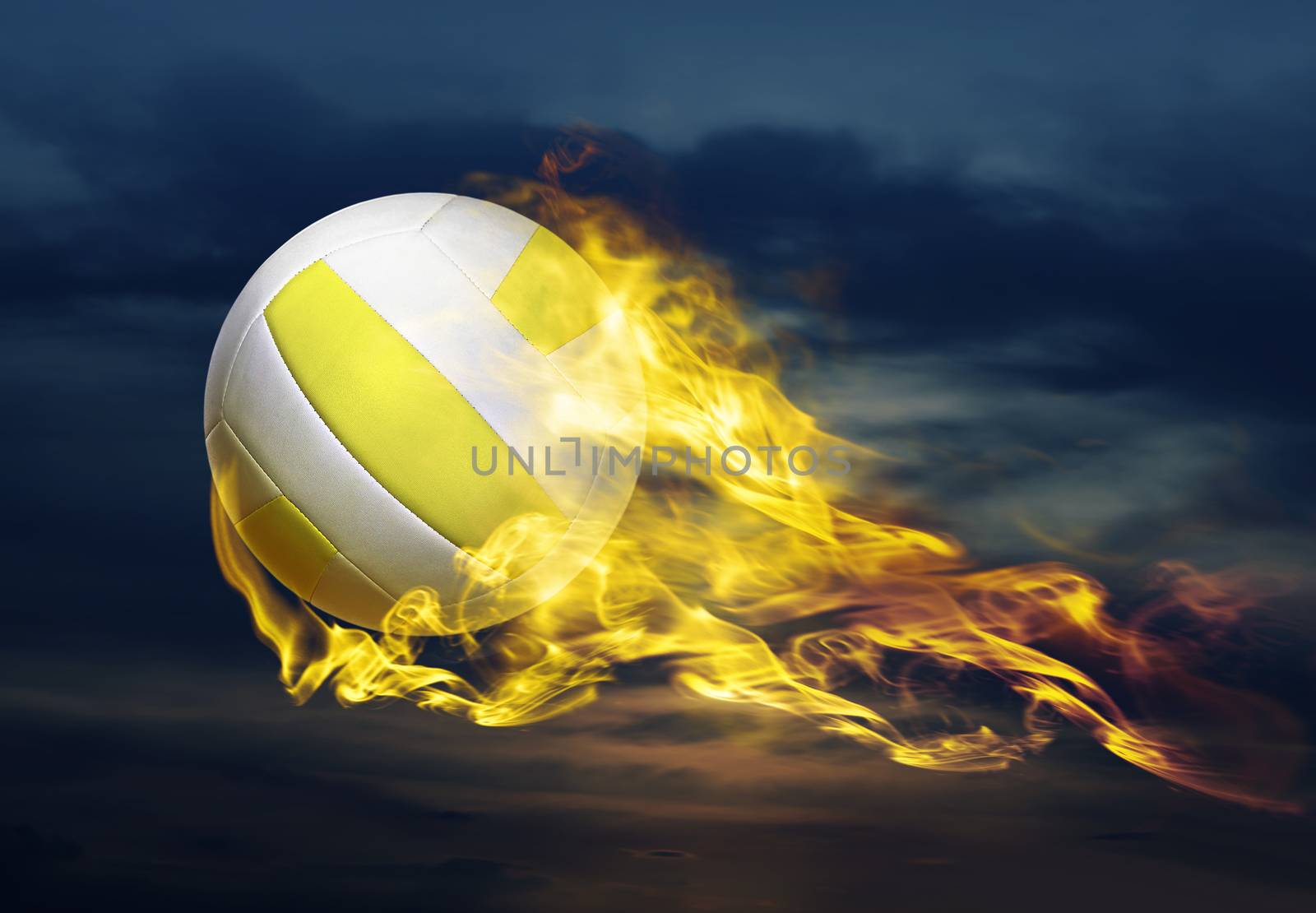 flying fiery volleyball ball in sky