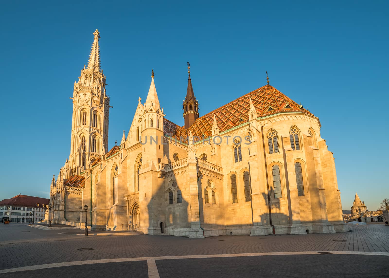 Sunlit Roman Catholic Matthias Church in Early Morning in Budapest, Hungary