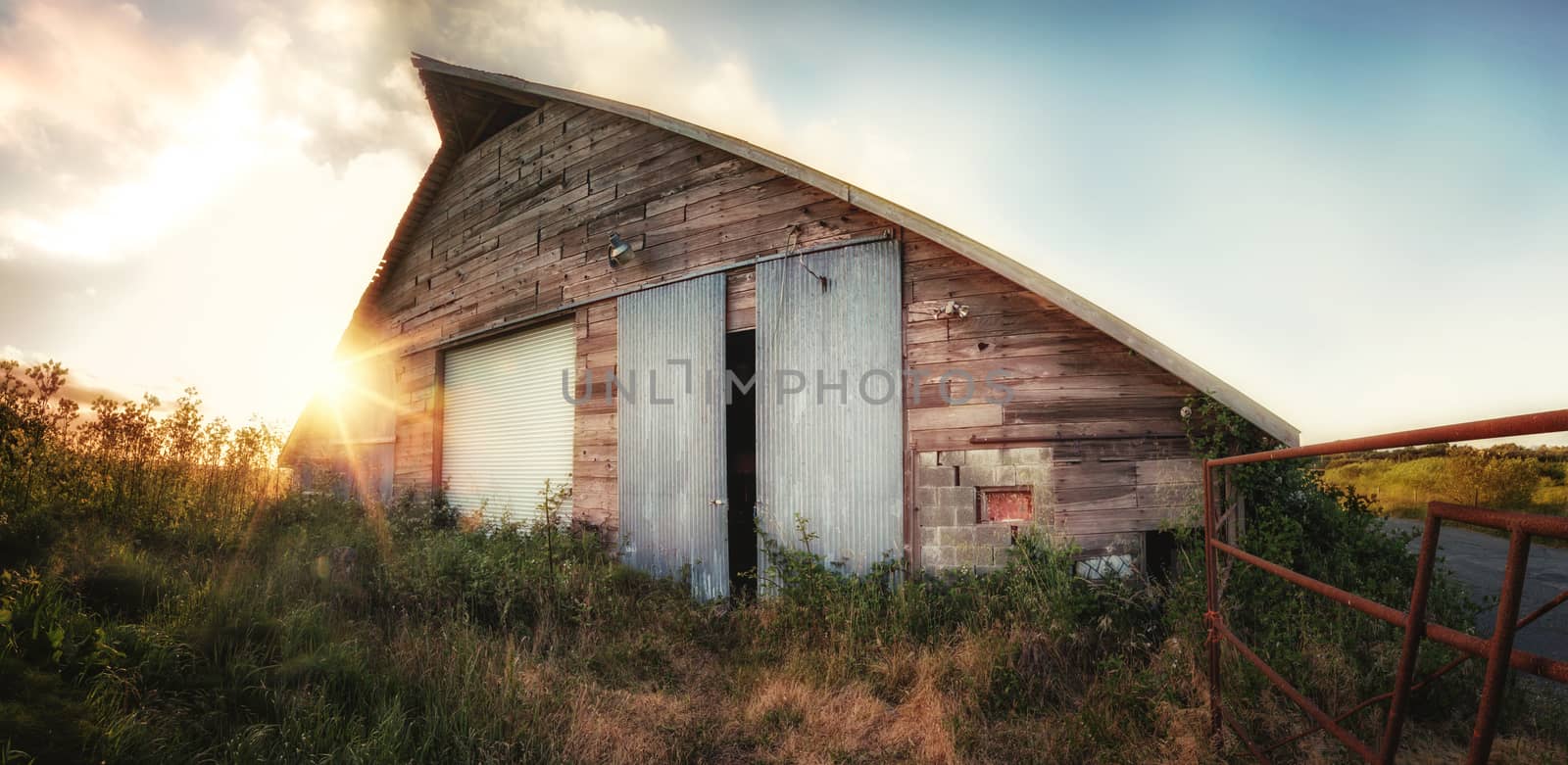 Old Barn at Sunset, Panoramic Color Image by backyard_photography