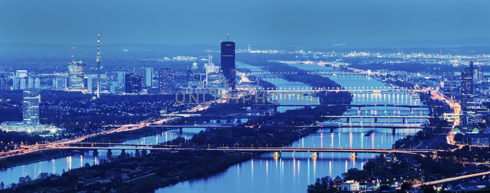 Skyline of Donau City - Vienna DC and bridges on Danube River Vienna, Austria.