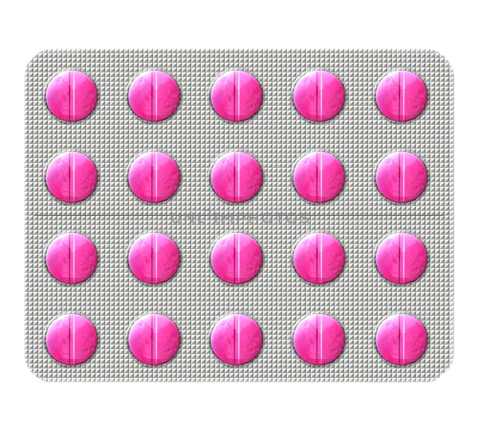 Illustration of a pink antibiotic pills in a bubbly blister pack isolated on a white background.