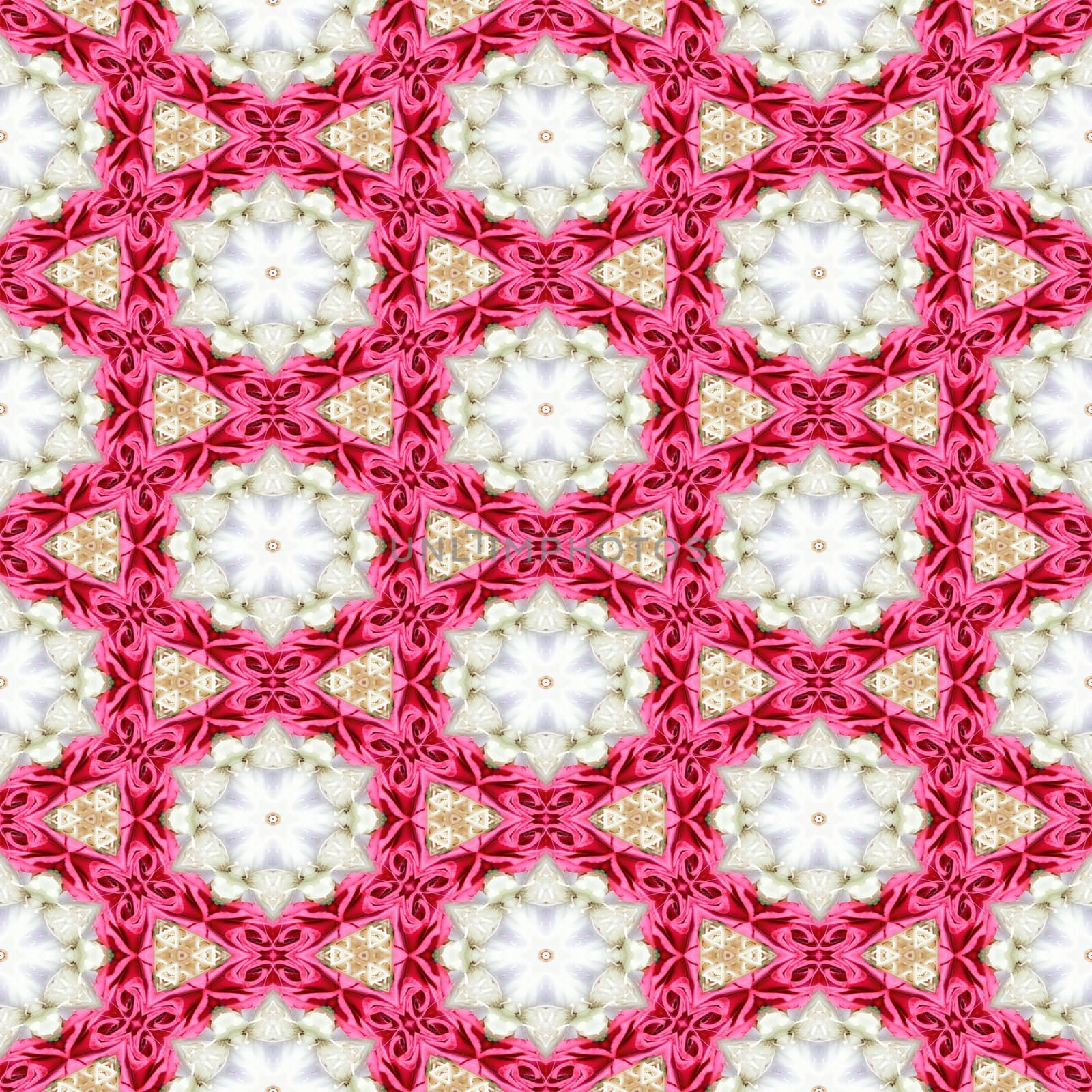 Pink white decorative kaleidoscope mosaic with star shapes and pink ribbons.