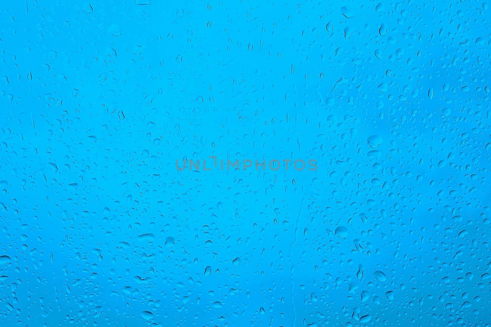Water drops on the blue clean glass background.
