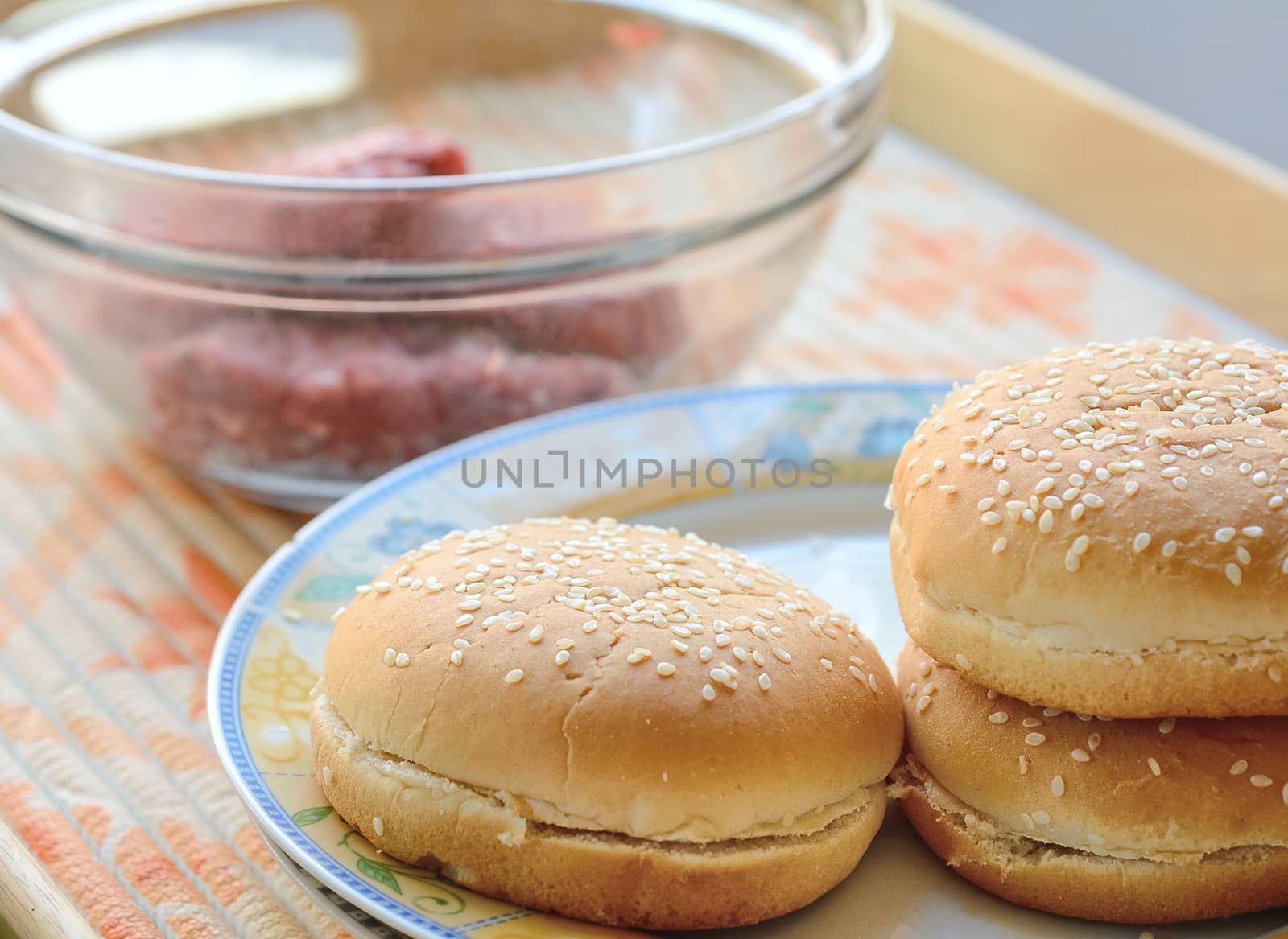 Three fresh buns prepared for the meat - hamburger.