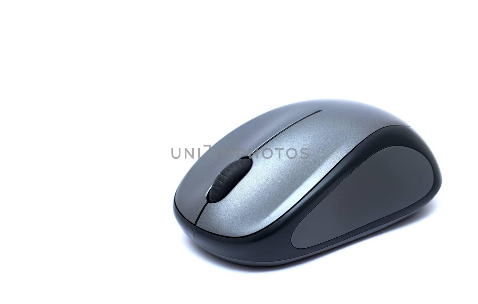 Gray wireless mouse placed on a white background.