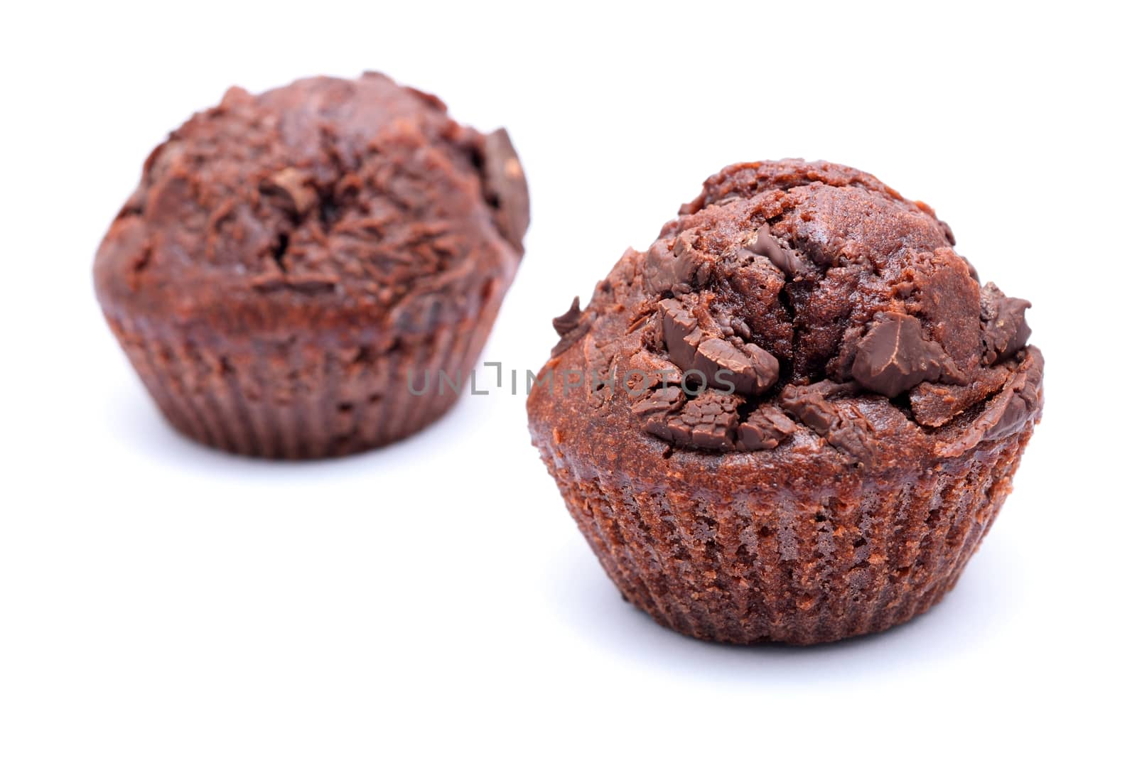 Two chocolate muffins on a white background. 