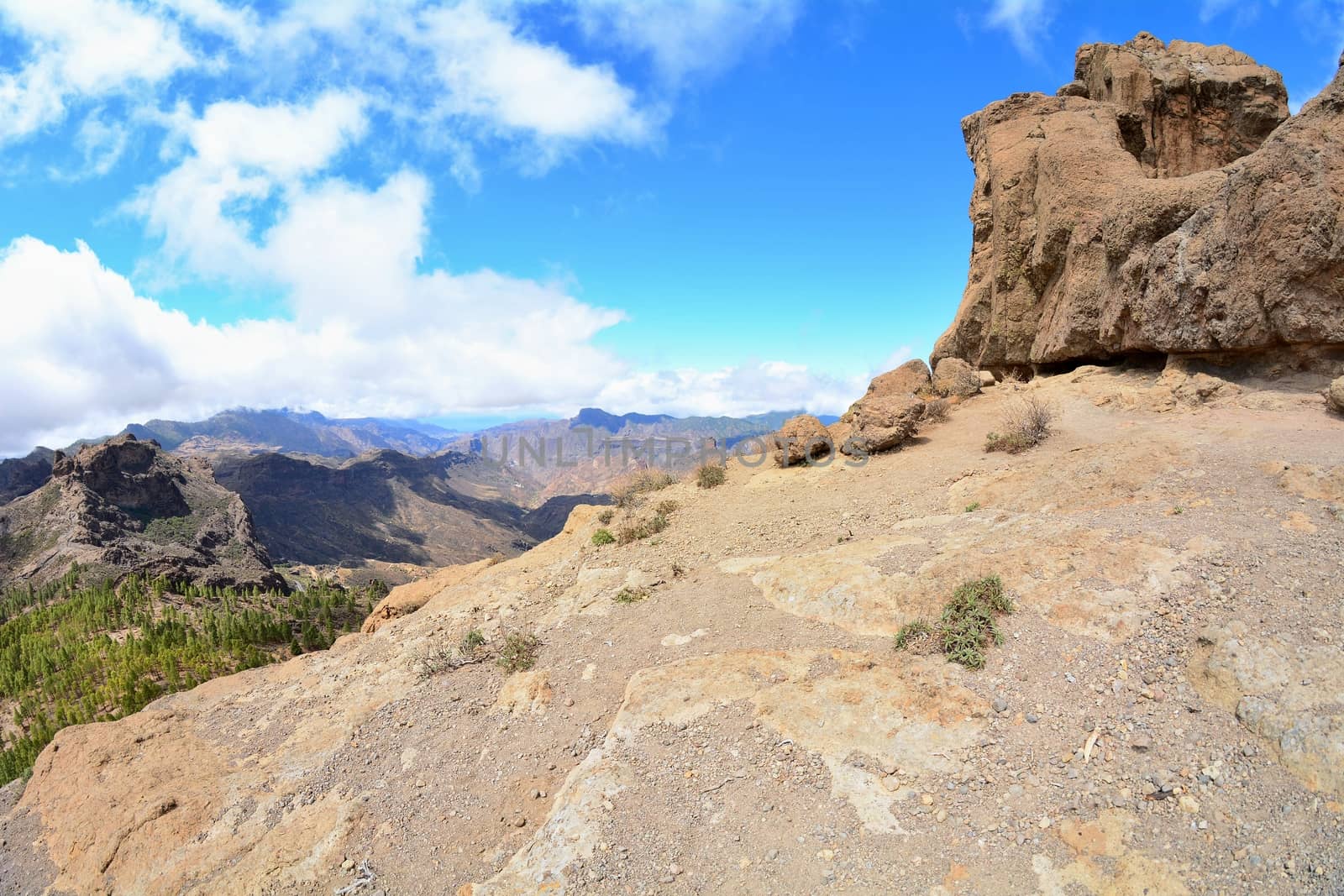 Wide angle shot of Gran Canaria mountains. View from Roque Nublo peak.