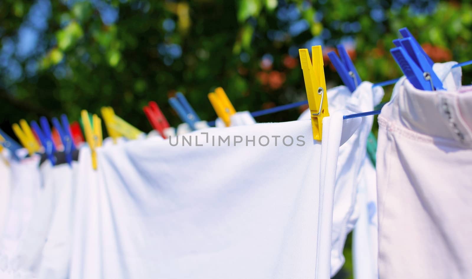 Fresh white laundry hang on the clothesline with colorful pegs.