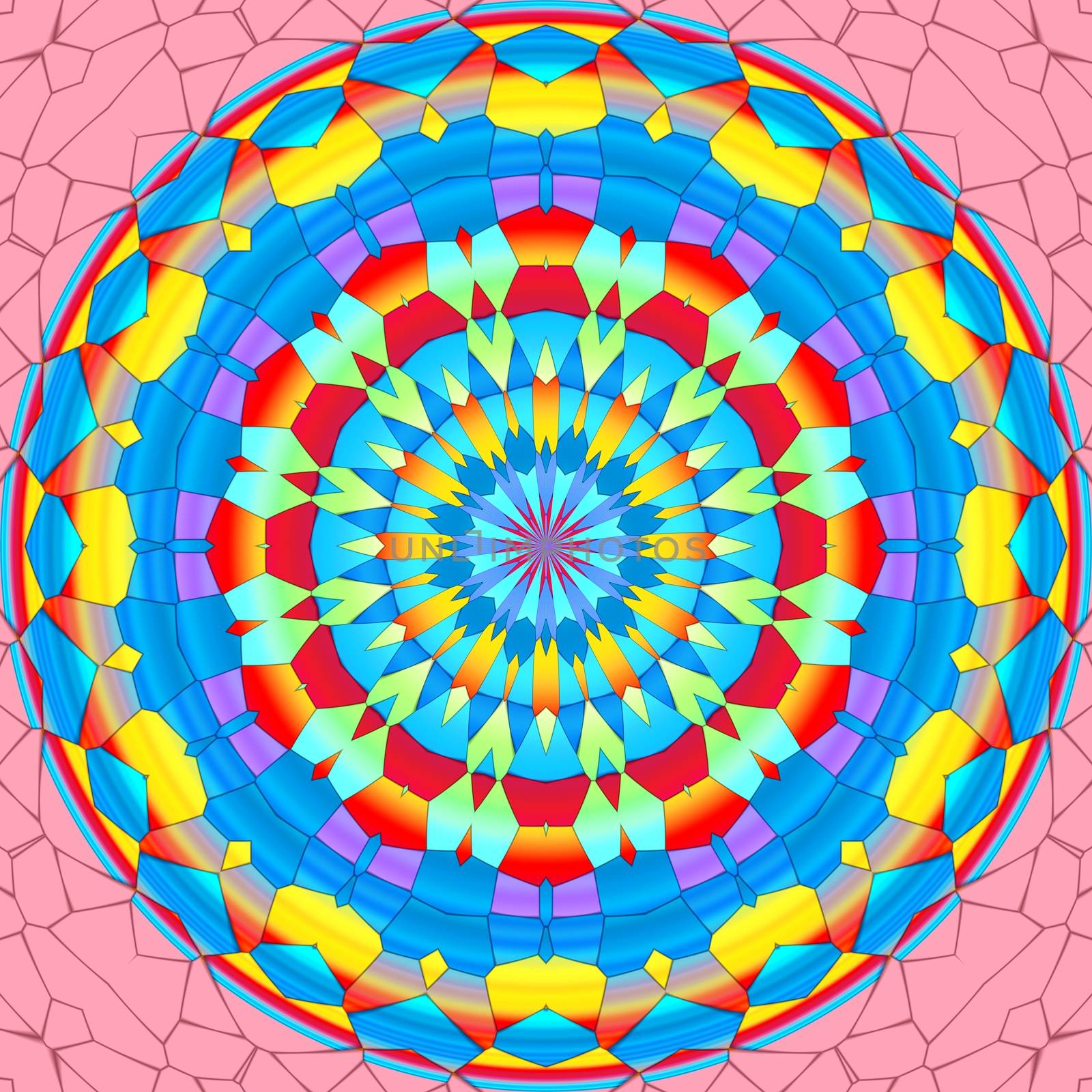 Colorful religious magic mandala circle on a pink background.