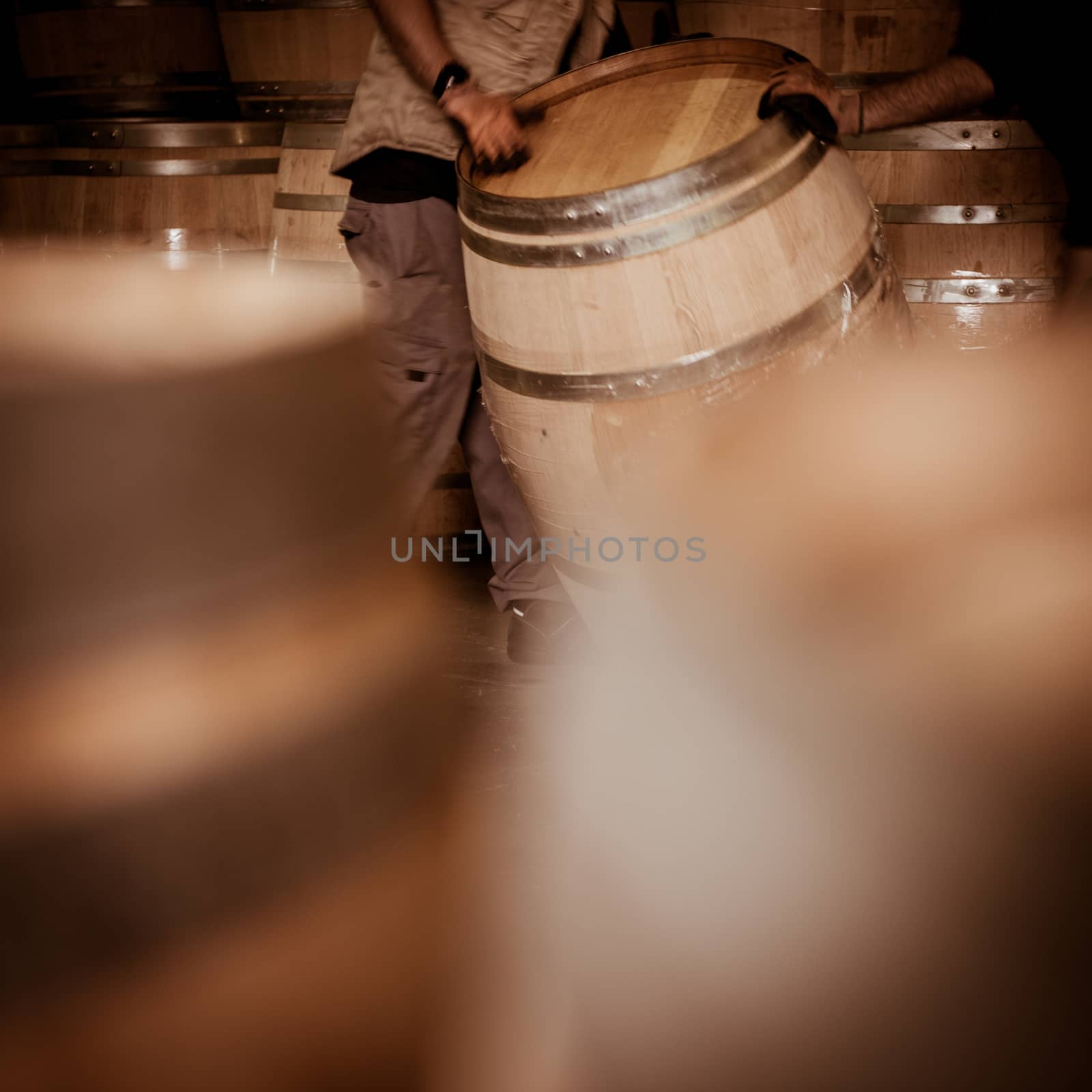 Winemaker barrels moving up or down by rolling on the ground in a large storage cellar, Bordeaux Vineyard, France
