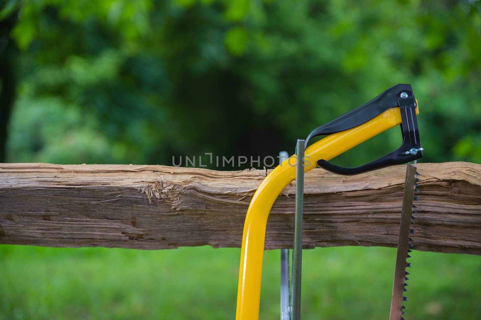 Wood saw standing on a firewood outdoor