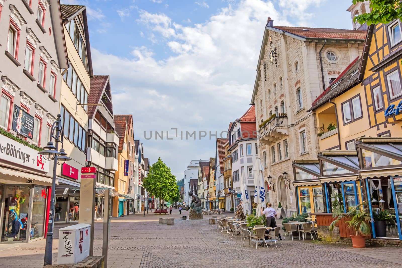 Heidenheim an der Brenz, Germany - May 26, 2016: Pedestrian area of Heidenheim with stores and gastronomy.