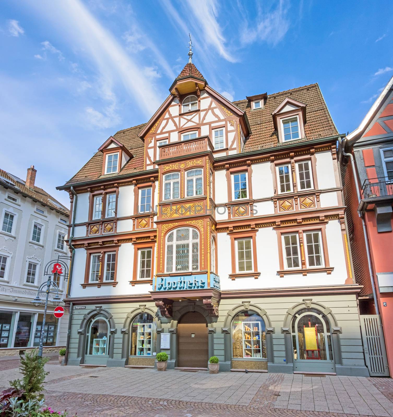 Heidenheim an der Brenz, Germany - May 26, 2016: Castles pharmacy (Schloss Apotheke) in the pedestrian area of Heidenheim an der Brenz.