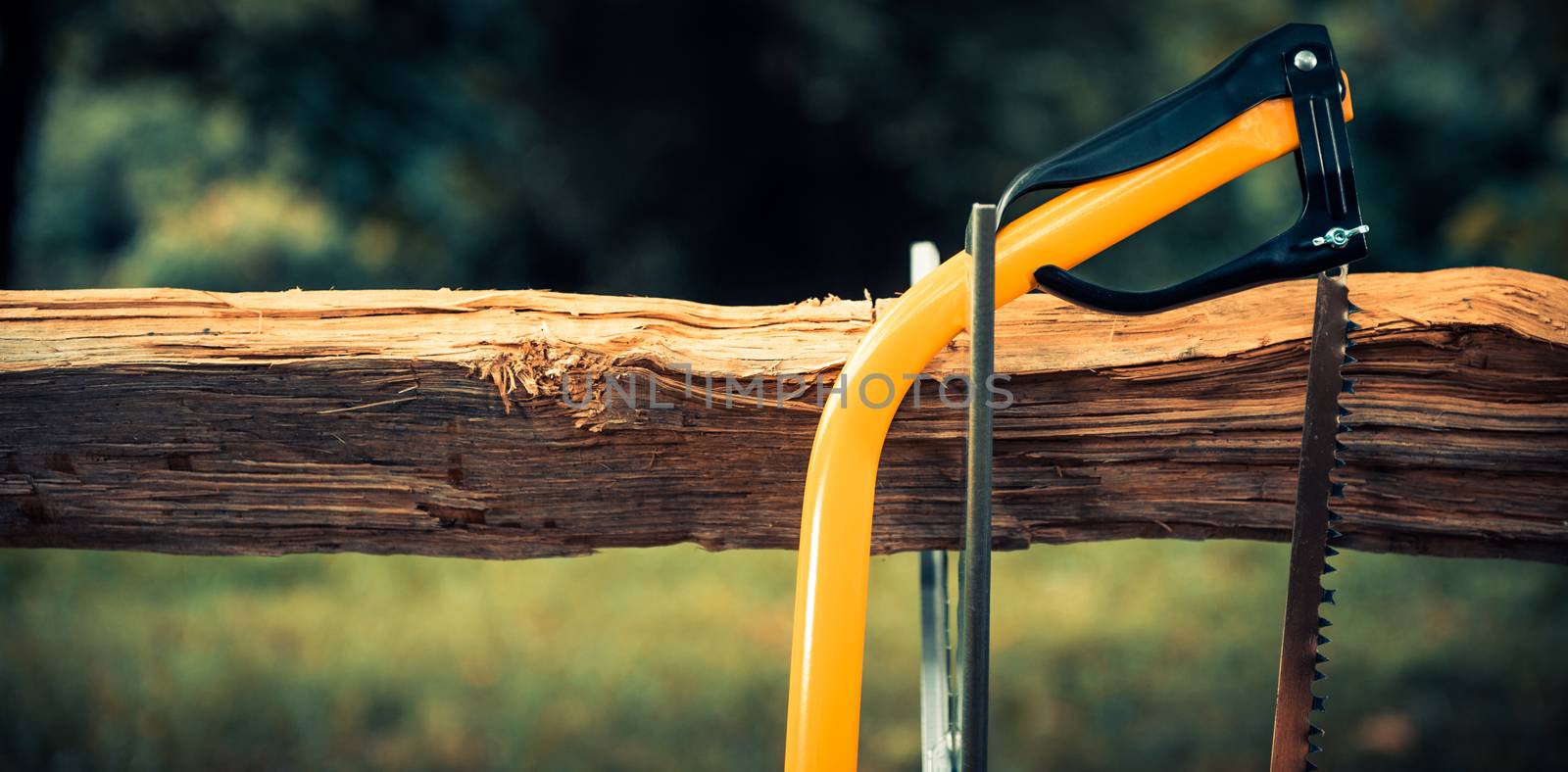 Wood saw standing on a firewood outdoor