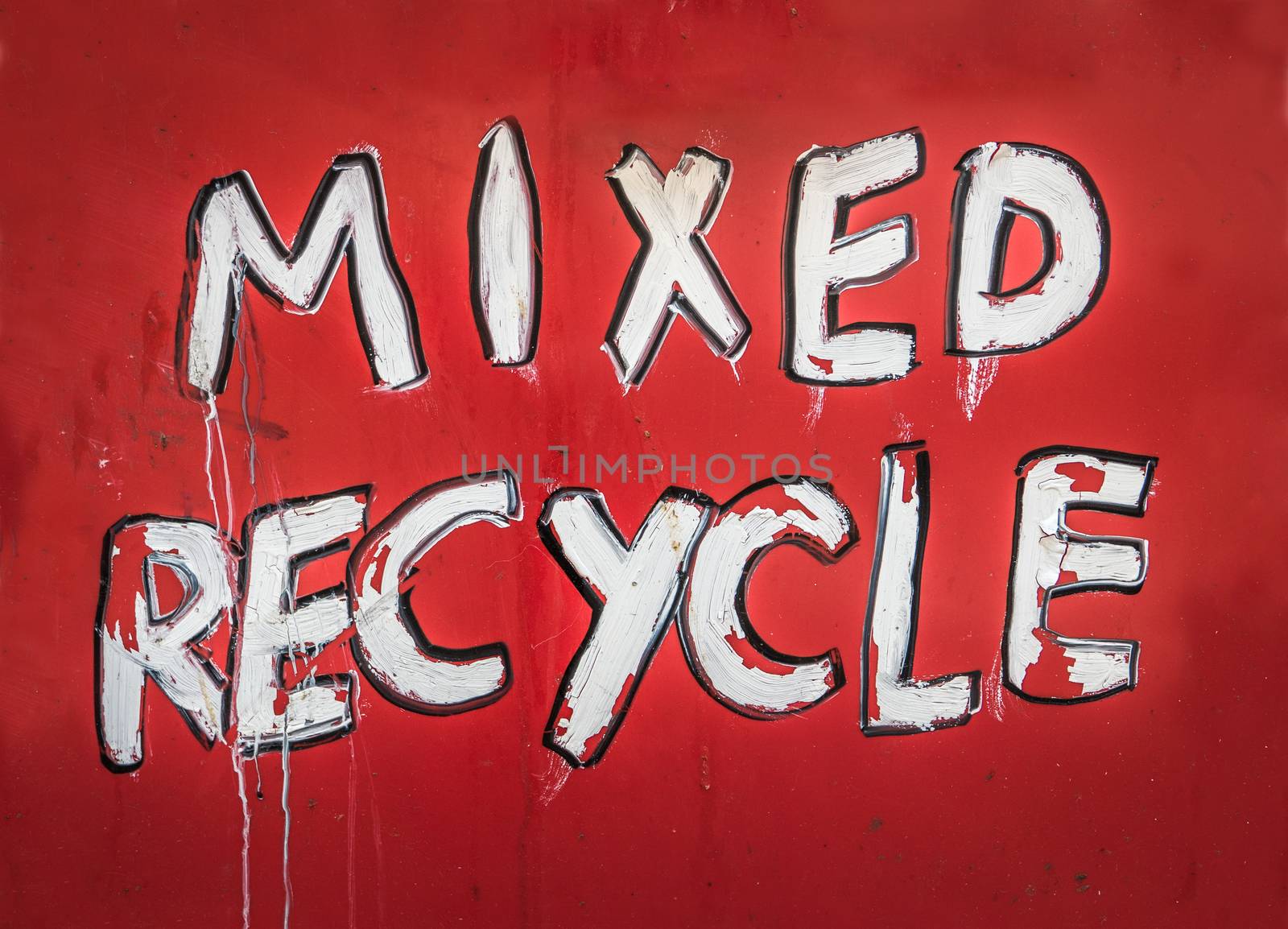 Grungy Red Painted Sign Saying Mixed Recycle
