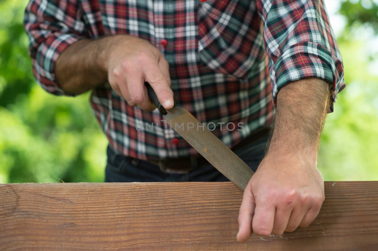 Carpenter using a wood rasp on the edge of a board outdoor