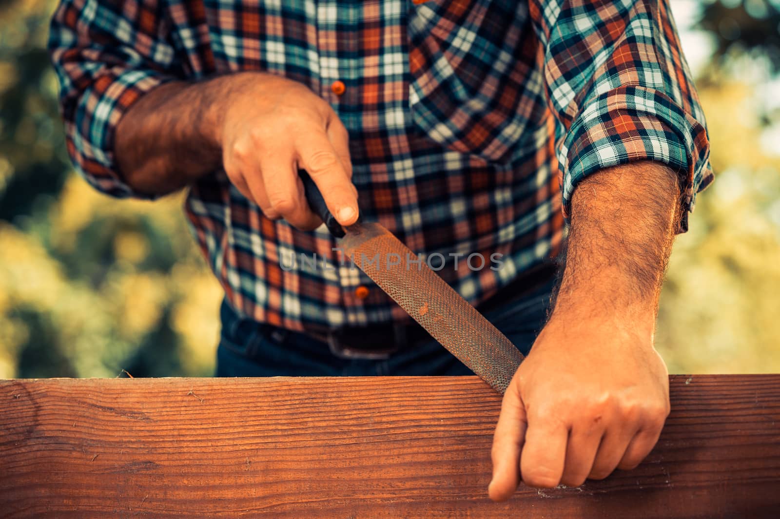 Carpenter using a wood rasp on the edge of a board outdoor
