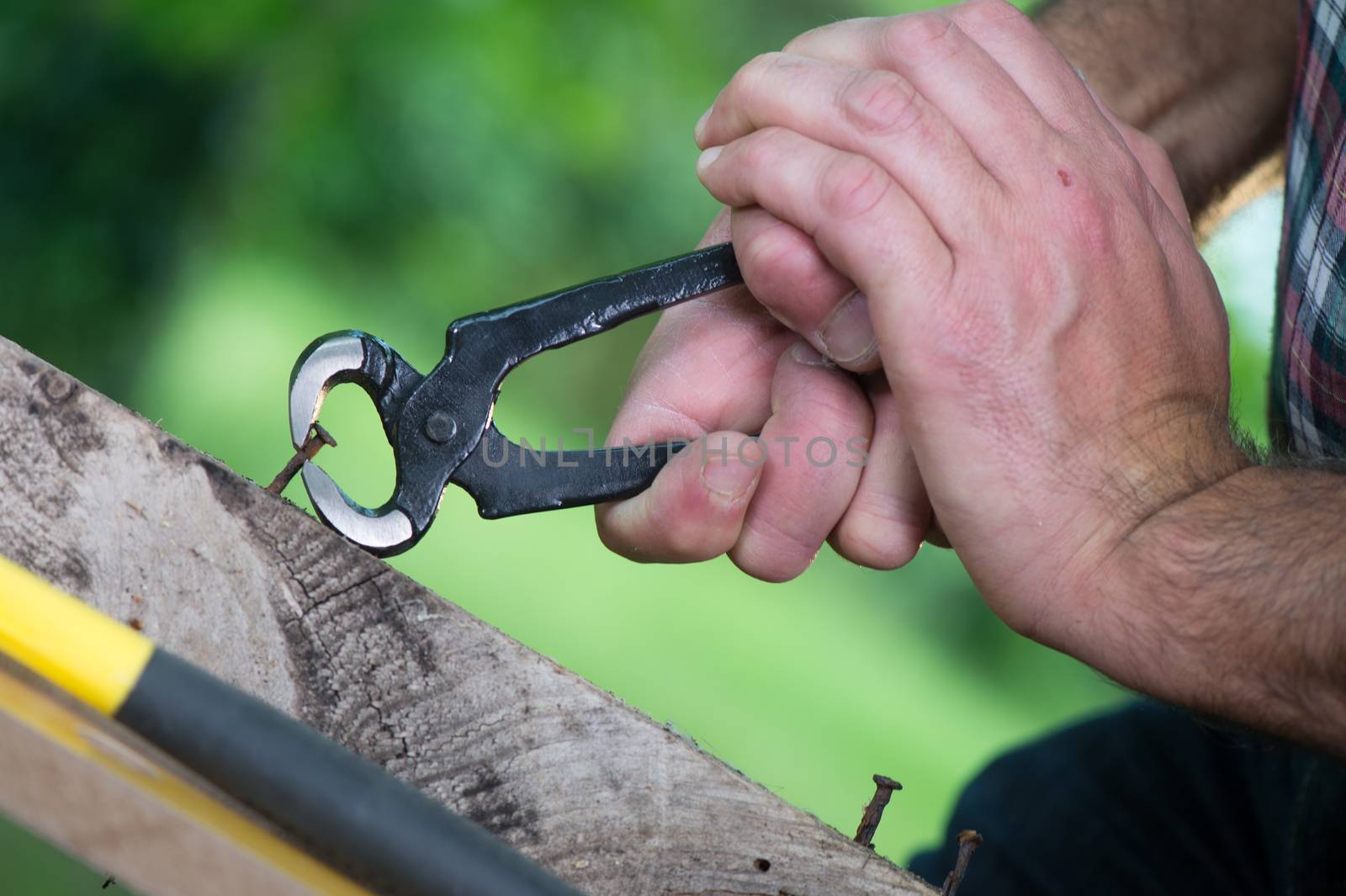 Pulling a carpenter tip on wood with pliers outdoor