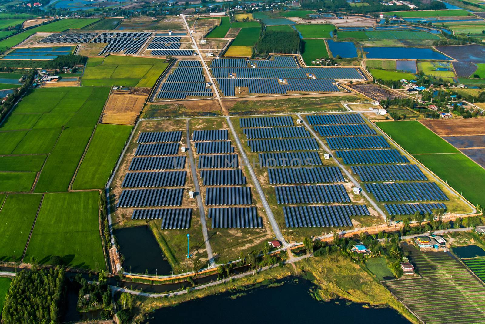 Solar farm, solar panels in Thailand from the air