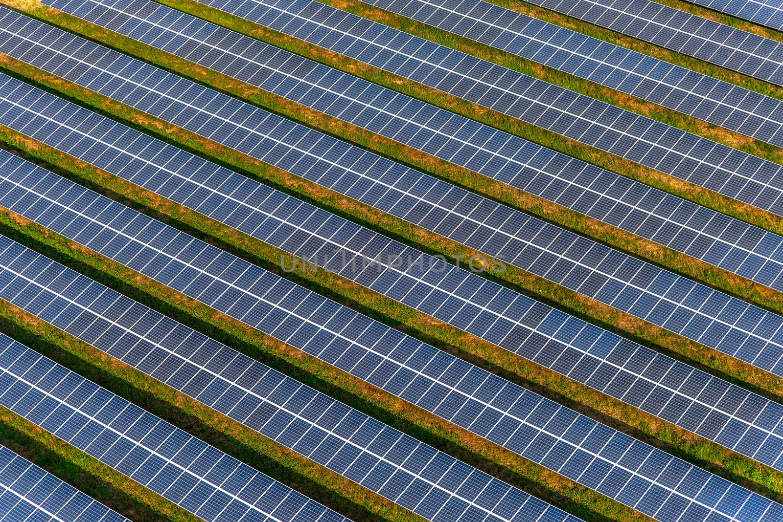 Solar farm, solar panels photography from small aircraft