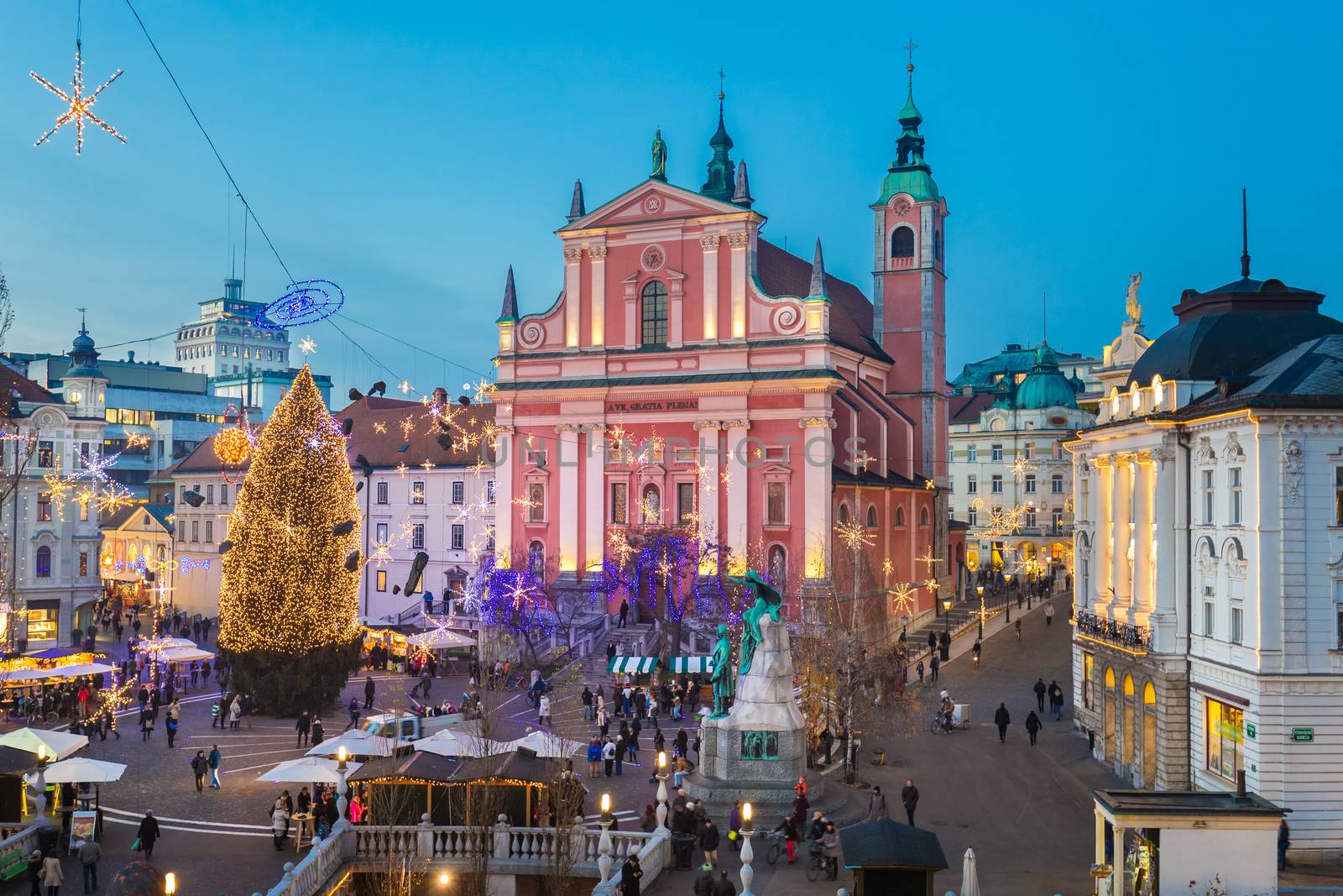 Romantic Ljubljana's city center decorated for Christmas holiday. Preseren's square, Ljubljana, Slovenia, Europe. Horizontal composition.