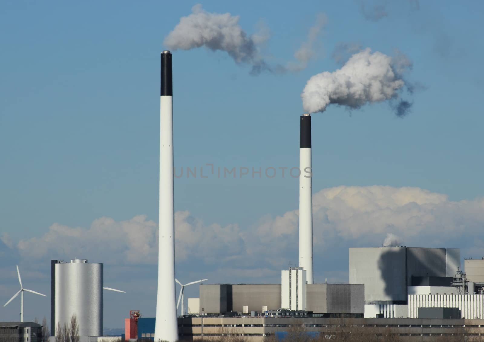 Factory chimneys with clouds and small windmills by HoleInTheBox