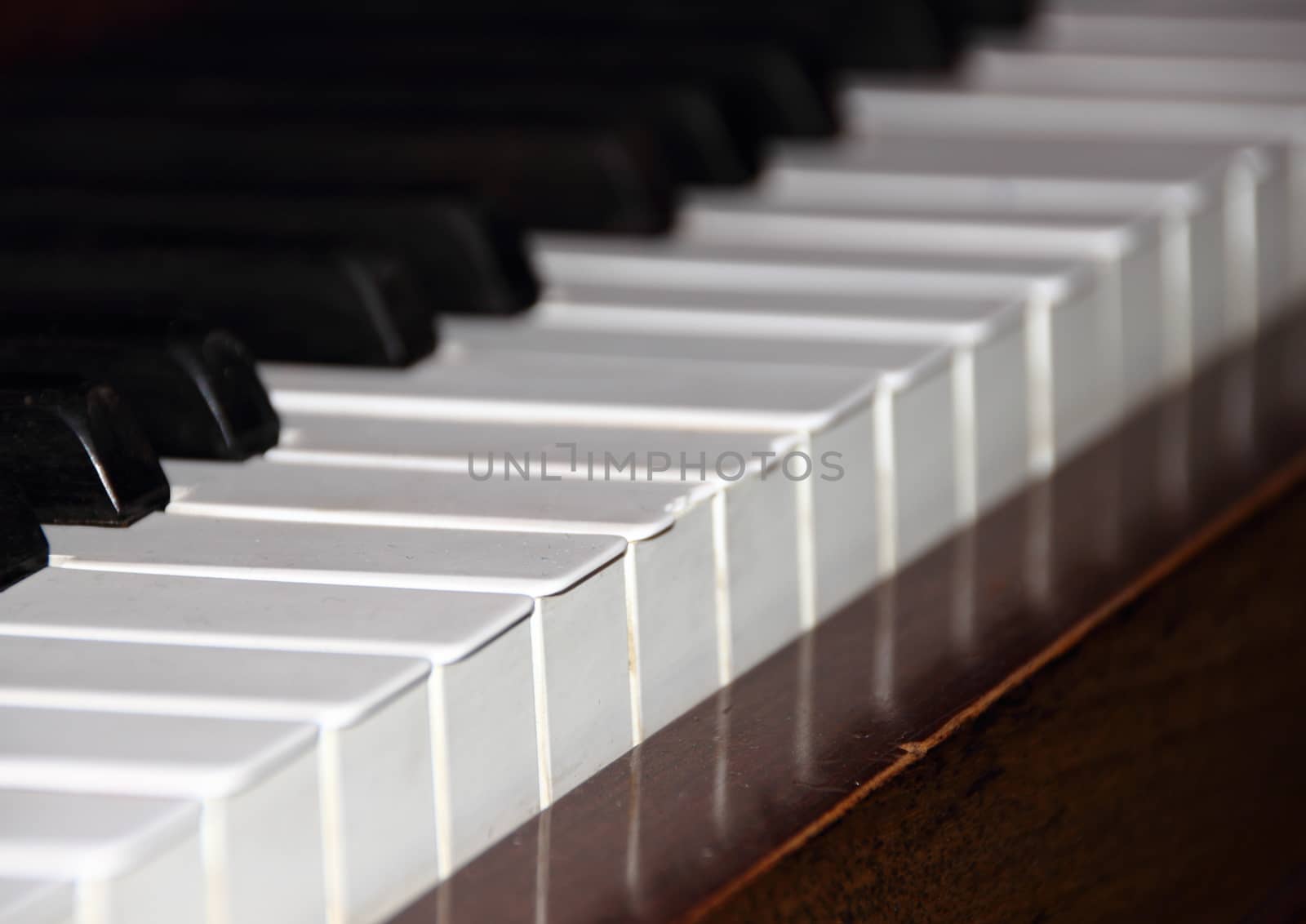 Old piano keys close up with shadow