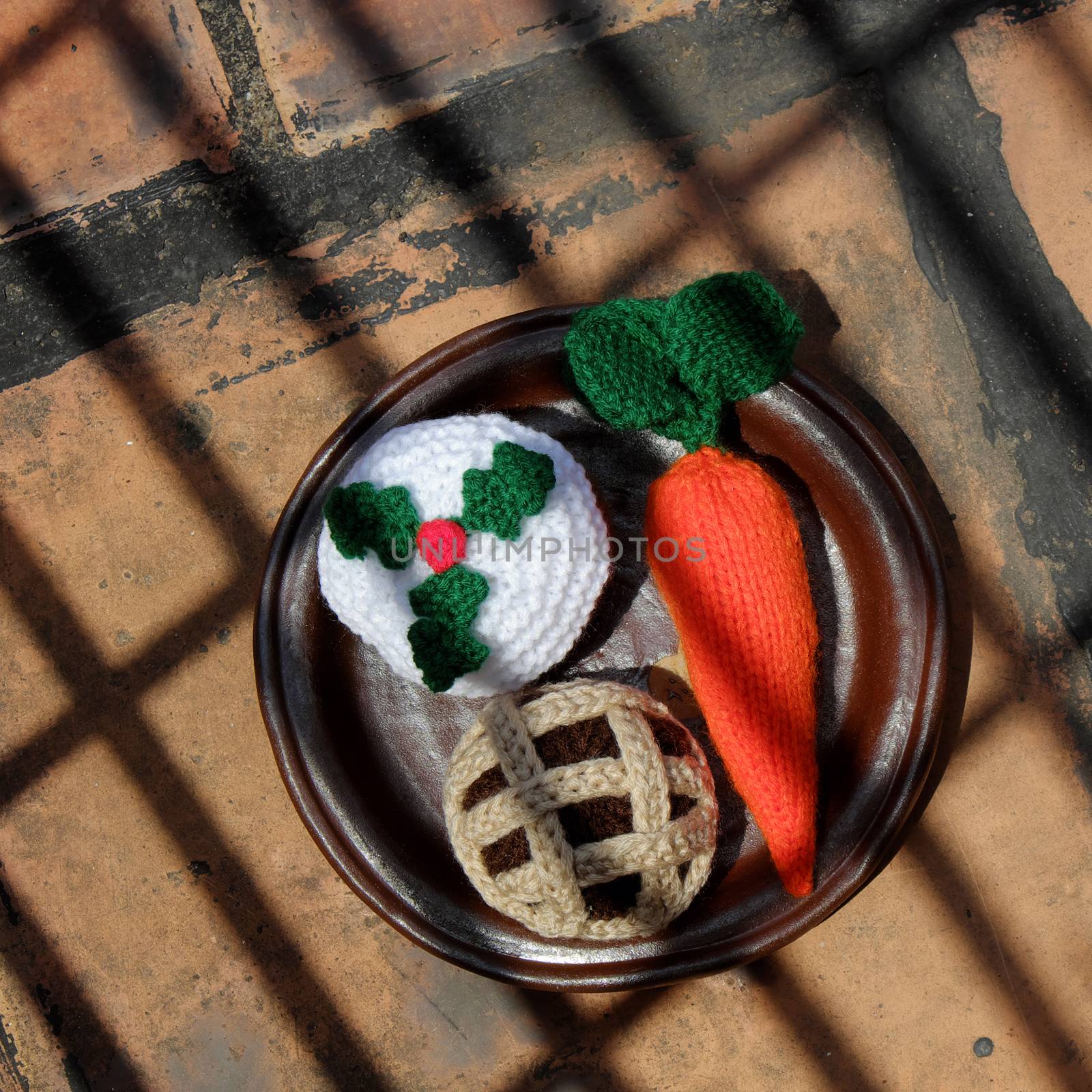 Group of food as carrot, mince pie, cupcake, meal to treat for santa claus and rudolph on christmas night, amazing xmas ornament handmade by knit from colorful yarn