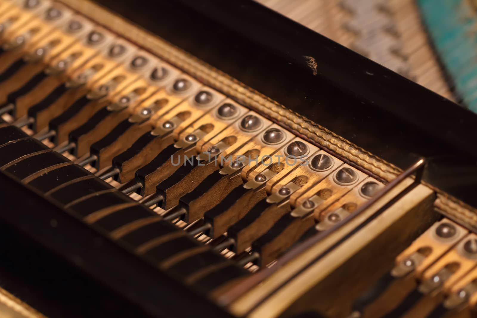 Close up detailed view of historical old wooden and metal machines.